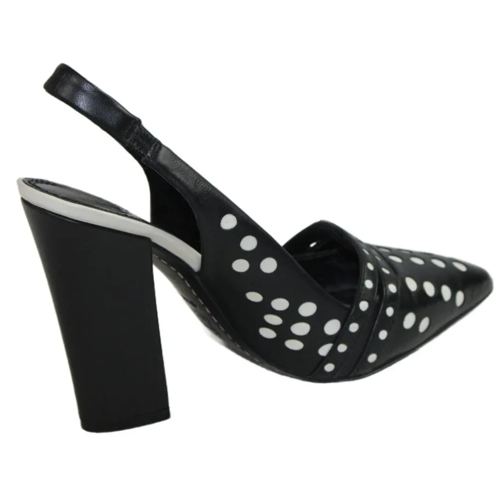 Tory Burch Kay Black Ivory Polka Dot Leather Sling Back Heels, Size 6.5